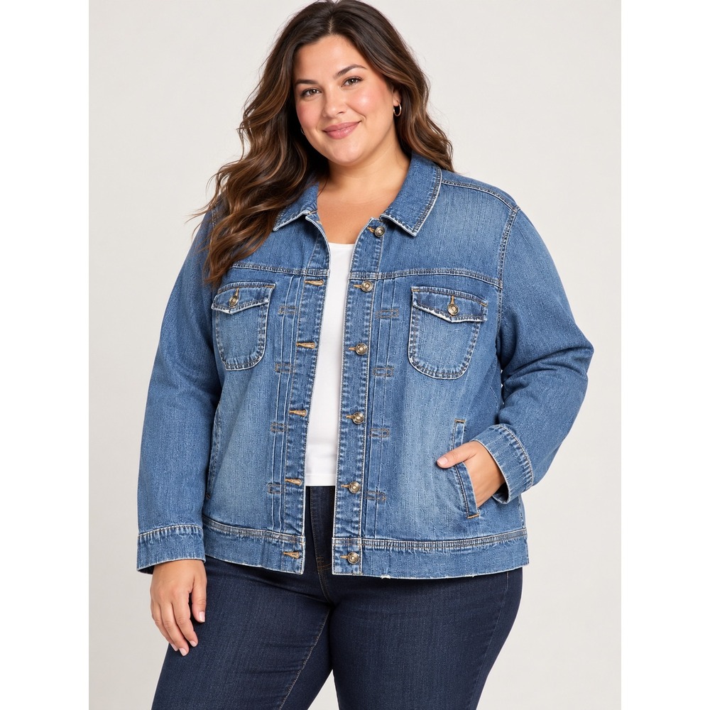 St Johns Bay Womens 3X Aged Wash Denim Jacket Blue Stretch Trucker Coat NEW